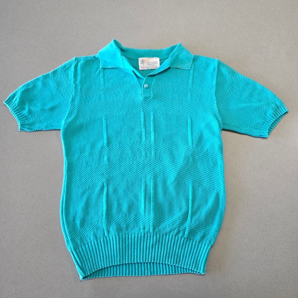 Vintage London Fog Mens Teal Blue Textured Knit Cotton Polo Shirt Made in USA M‎